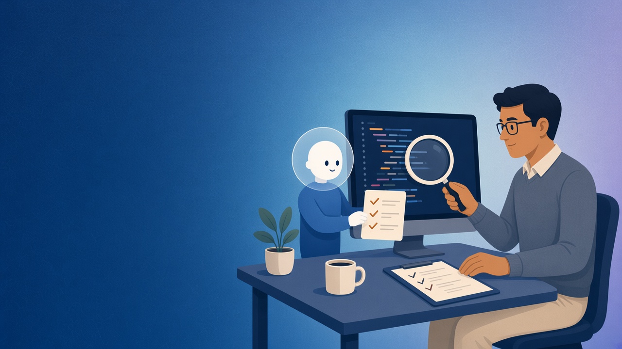 A senior engineer reviewing code with a magnifier and a checklist