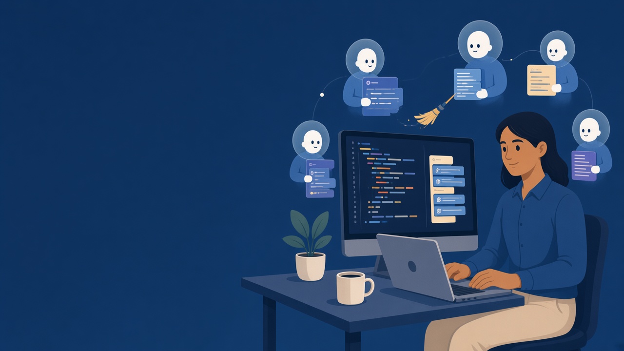 An engineer tidying messy code into clean blocks with AI agents